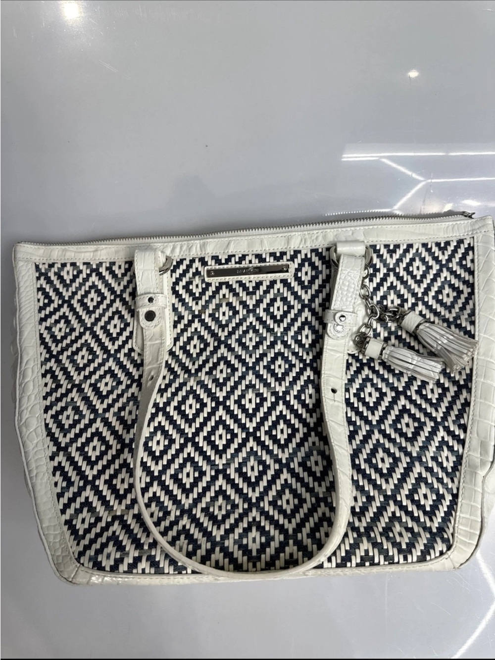 Brahmin Navy and White Woven Tote with Tassel Accent